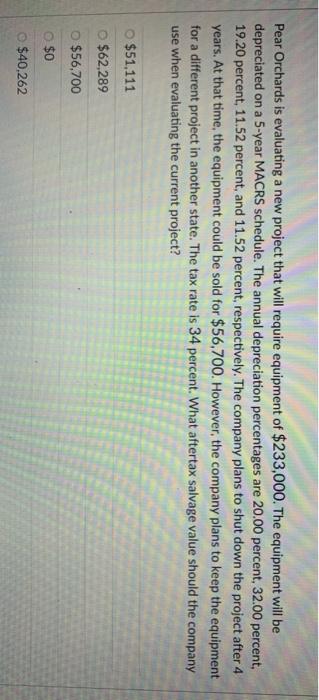  Pear Orchards is evaluating a new project that will require equipment