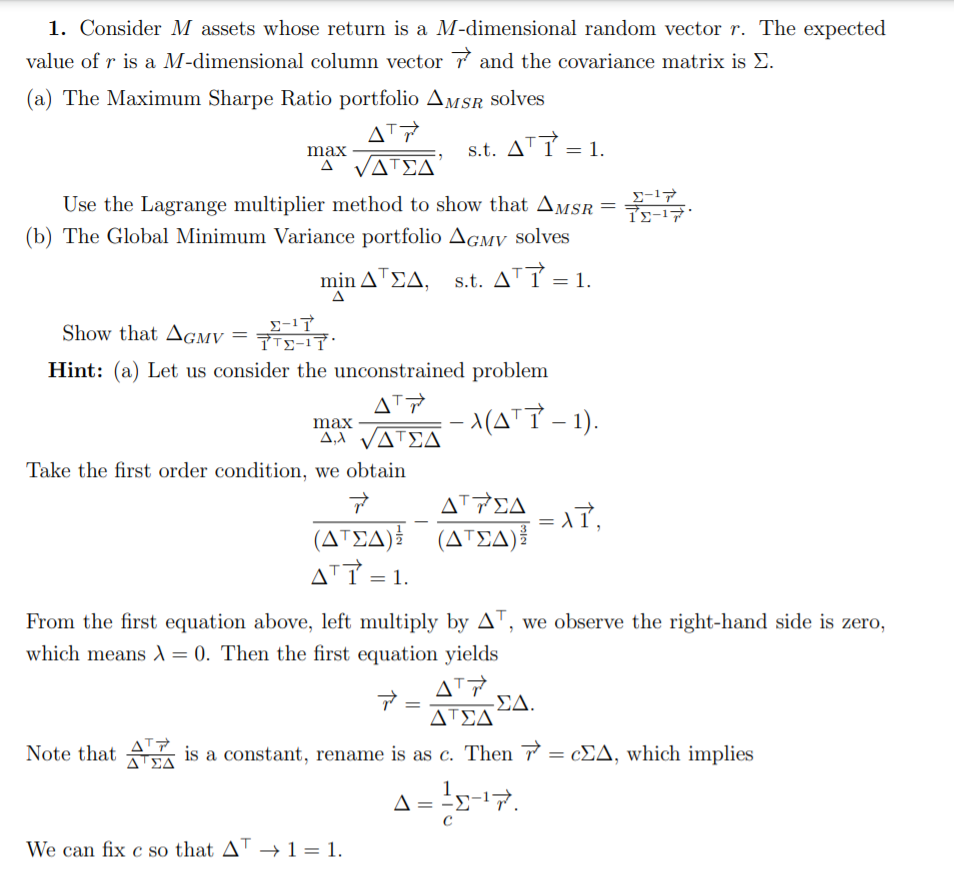  Solve a by using hint 1. Consider M assets whose return