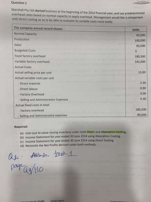  Question 1 Marshall Pty Ltd started business at the beginning of