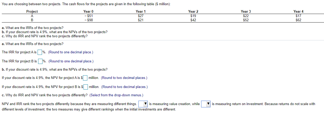  You are choosing between two projects. The cash flows for the