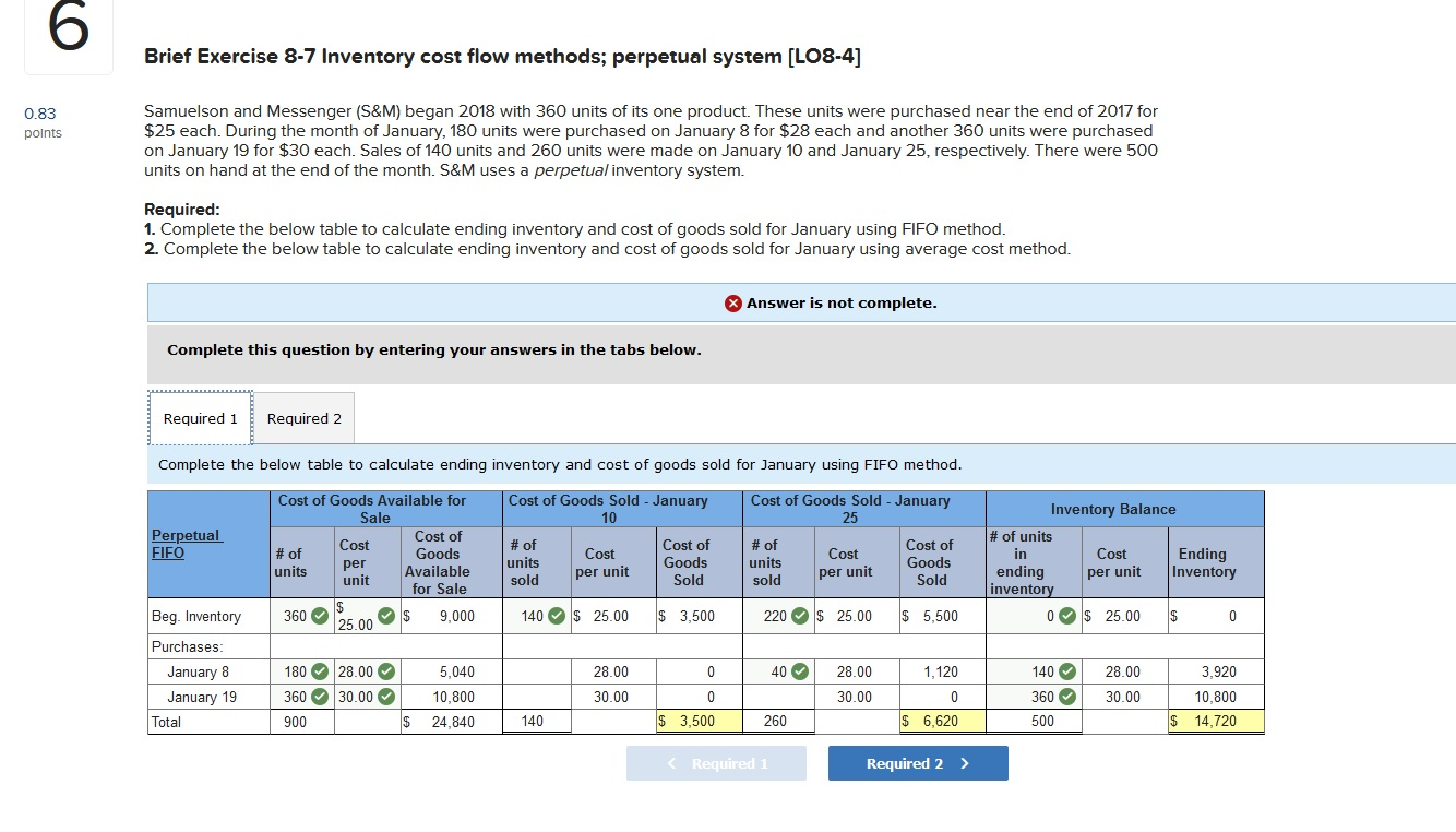  Brief Exercise 8-7 Inventory cost flow methods; perpetual system [LO8-4] 0.83