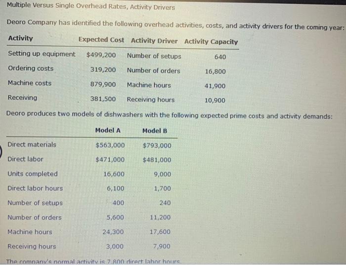  Multiple Versus Single Overhead Rates, Activity Drivers Deoro Company has identified