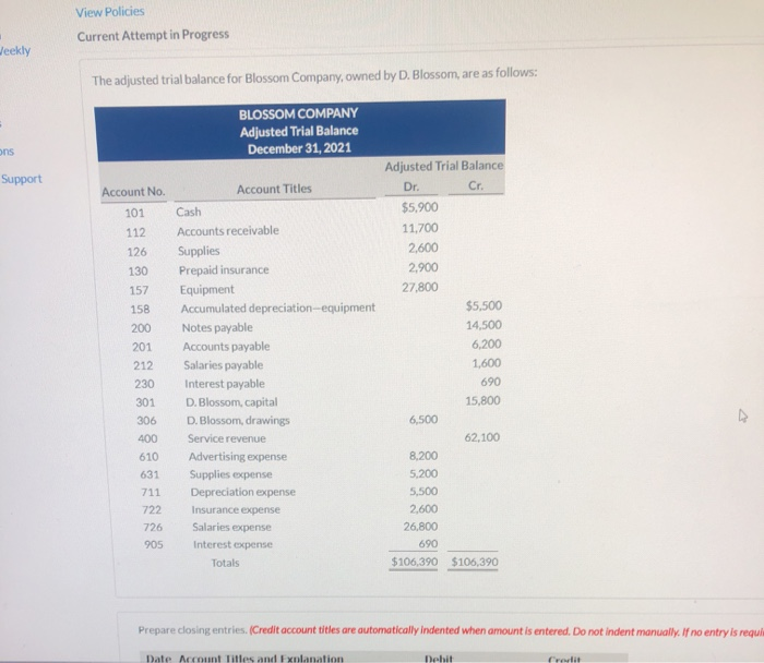 View Policies Current Attempt in Progress leckty The adjusted trial balance