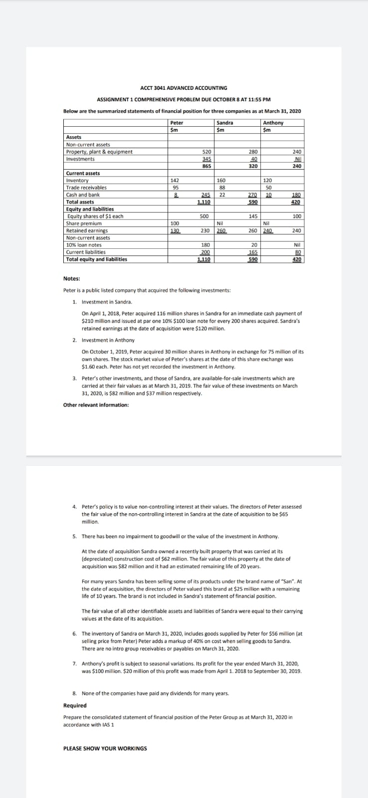  ACCT 3041 ADVANCED ACCOUNTING ASSIGNMENT 1 COMPREHENSIVE PROBLEM DUE OCTOBER 8