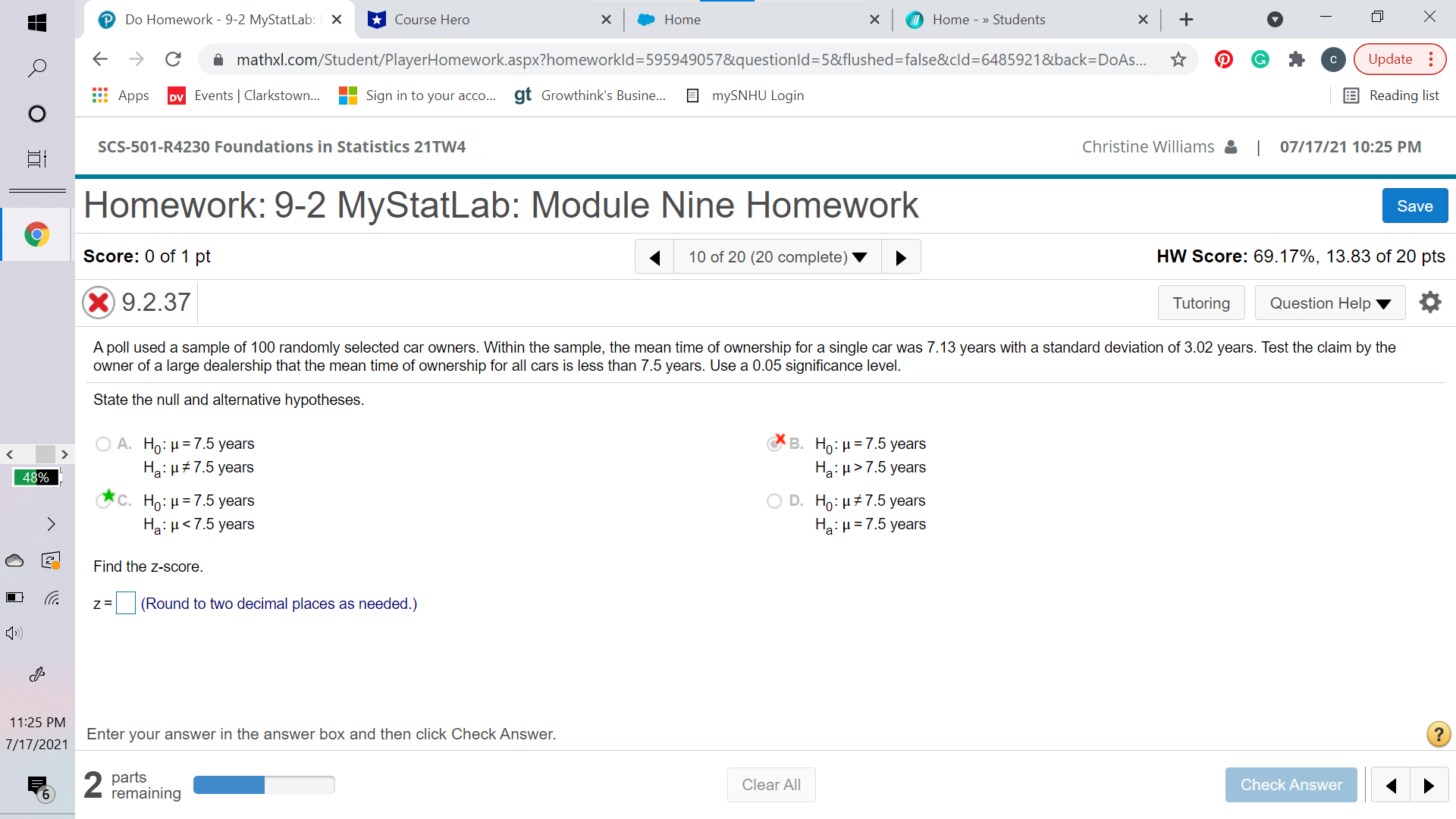  Do Homework - 9-2 MyStatLab: | X Course Hero X Home