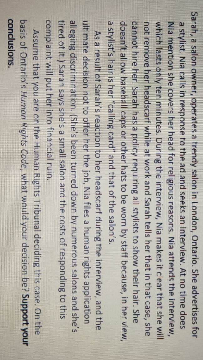 ontario human rights code Sarah, a salon owner, operates a trendy salon