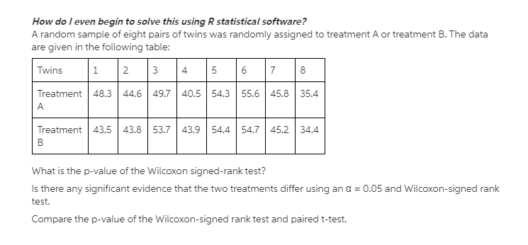 F. random sample of eight pairs of twins was randomly.r assigned to