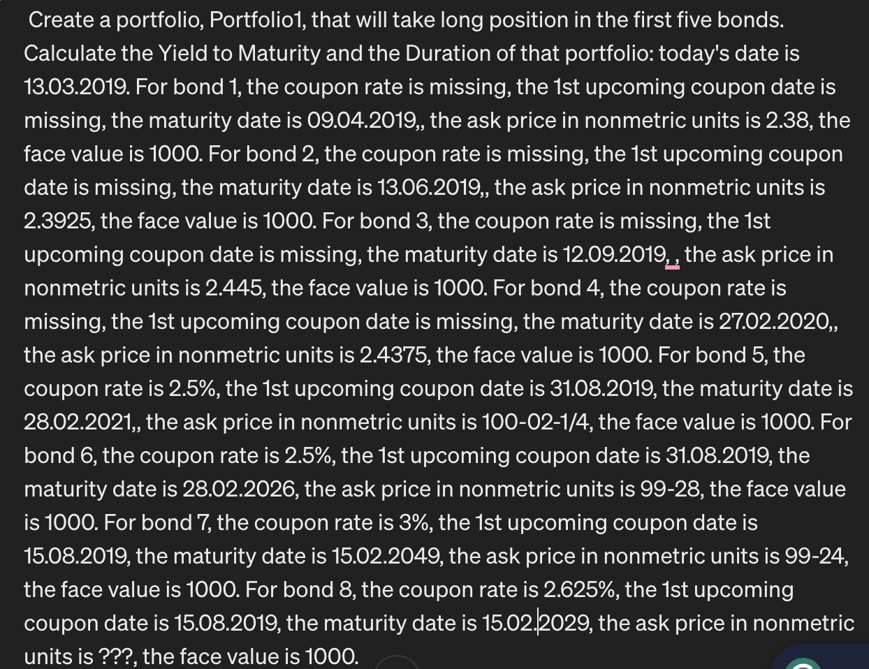  Create a portfolio, Portfolio1, that will take long position in the