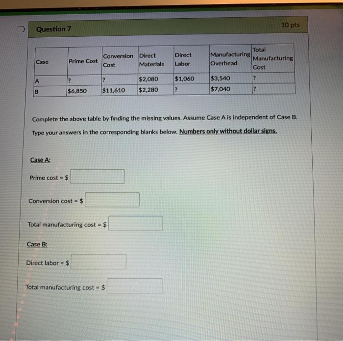 10 pts Question 7 Case Prime Cost Conversion Direct Cost Materials