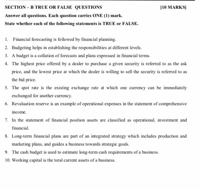  [10 MARKS SECTION - B TRUE OR FALSE QUESTIONS Answer all