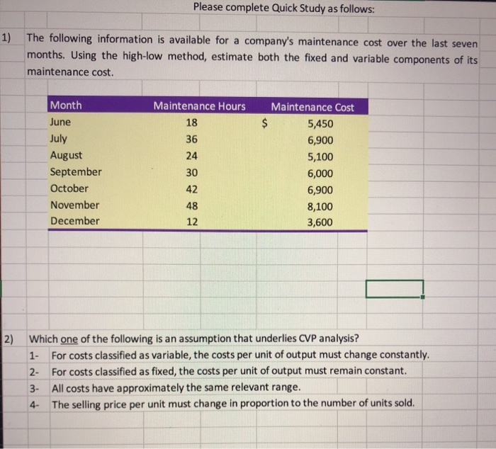  Please complete Quick Study as follows: 1) The following information is