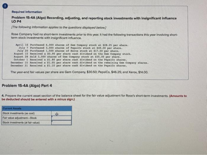  Required Information Problem 15-4A (Algo) Recording, adjusting, and reporting stock Investments