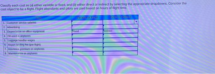  Classify each cost as (a) elther variable or fixed, and (b)