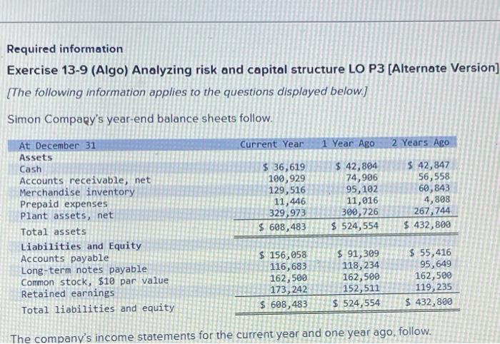  Required information Exercise 13-9 (Algo) Analyzing risk and capital structure LO