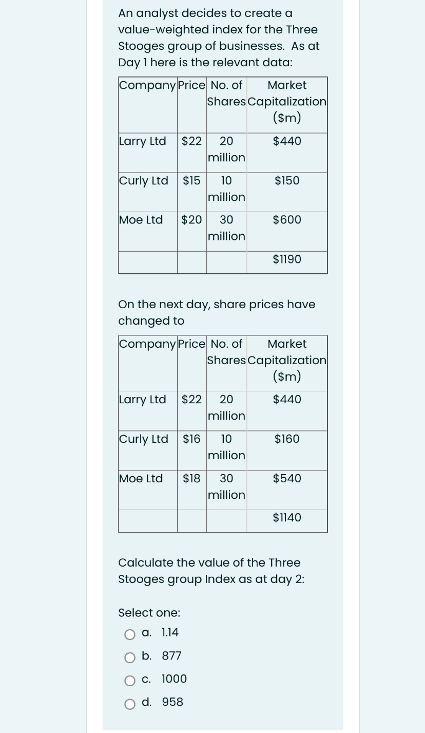 An analyst decides to create a value-weighted index for the Three