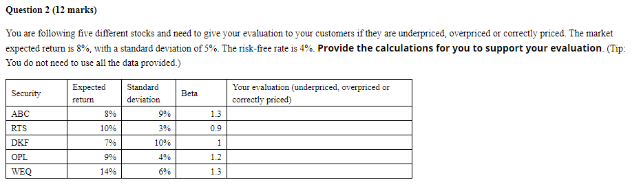  Question 2 (12 marks) You are following five different stocks and