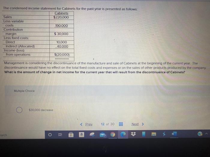 12 of 30 Next > The condensed income statement for Cabinets for