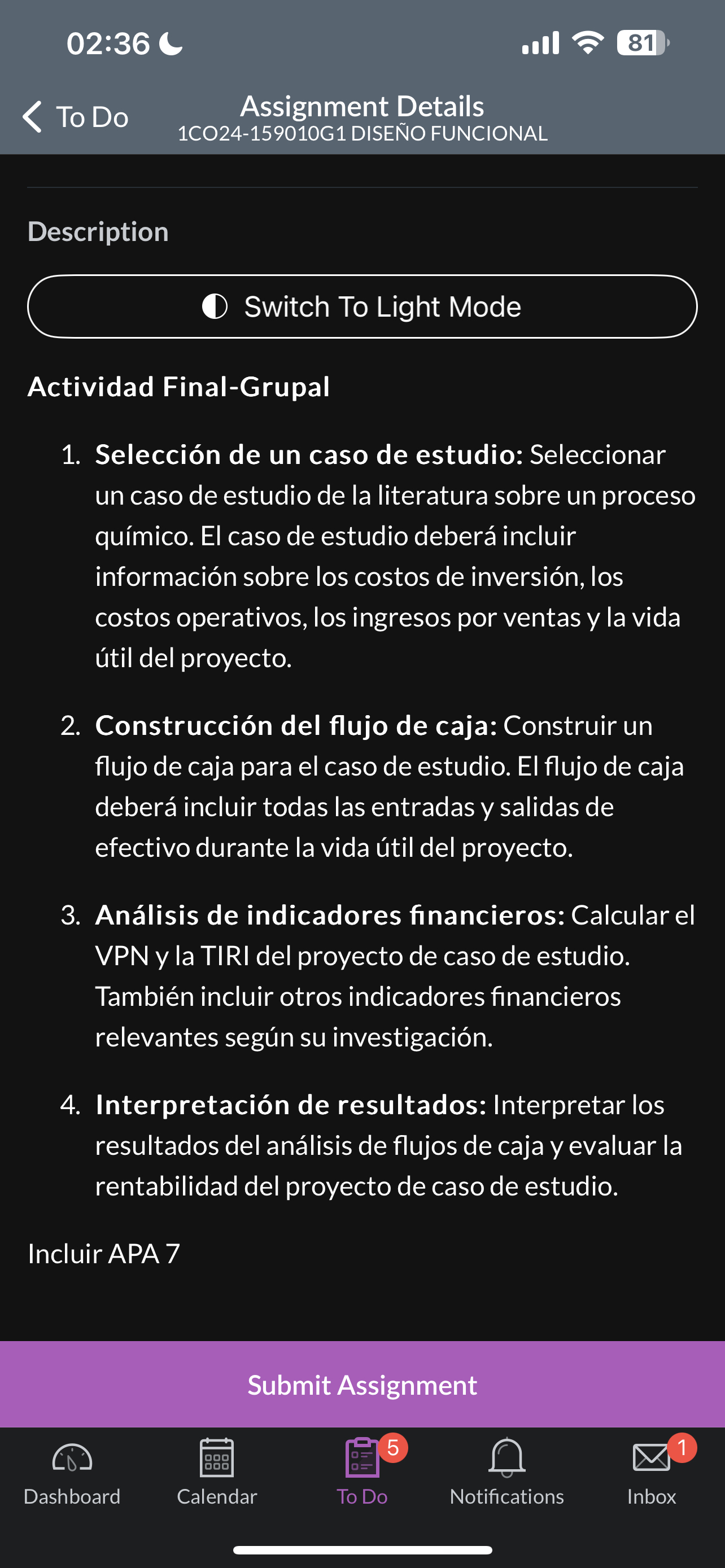  02:36 81 To Do Assignment Details 1CO24-159010G1 DISENO FUNCIONAL Description Switch