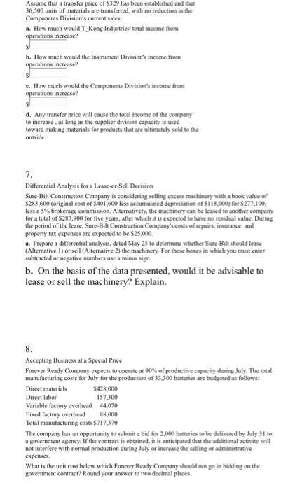Transfer Pricing Materials used by the Instrument Division of T_Kong Industries are