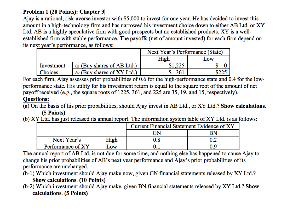  Problem 1 (20 Points): Chapter 3 Ajay is a rational, risk-averse