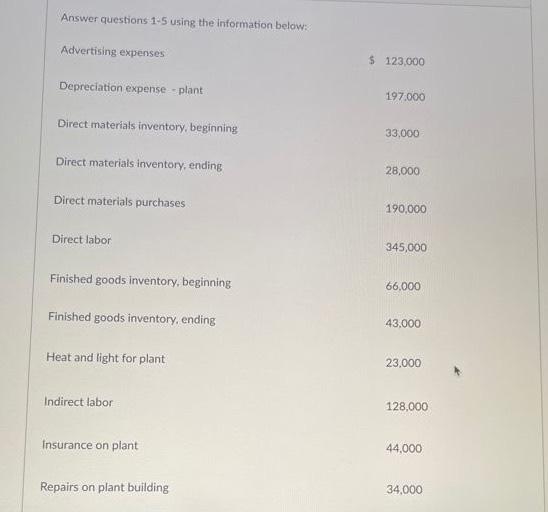  help Answer questions 1-5 using the information below. Advertising expenses $