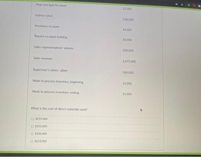 123,000 Depreciation expense plant 197.000 Direct materials inventory, beginning 33,000 Direct materials