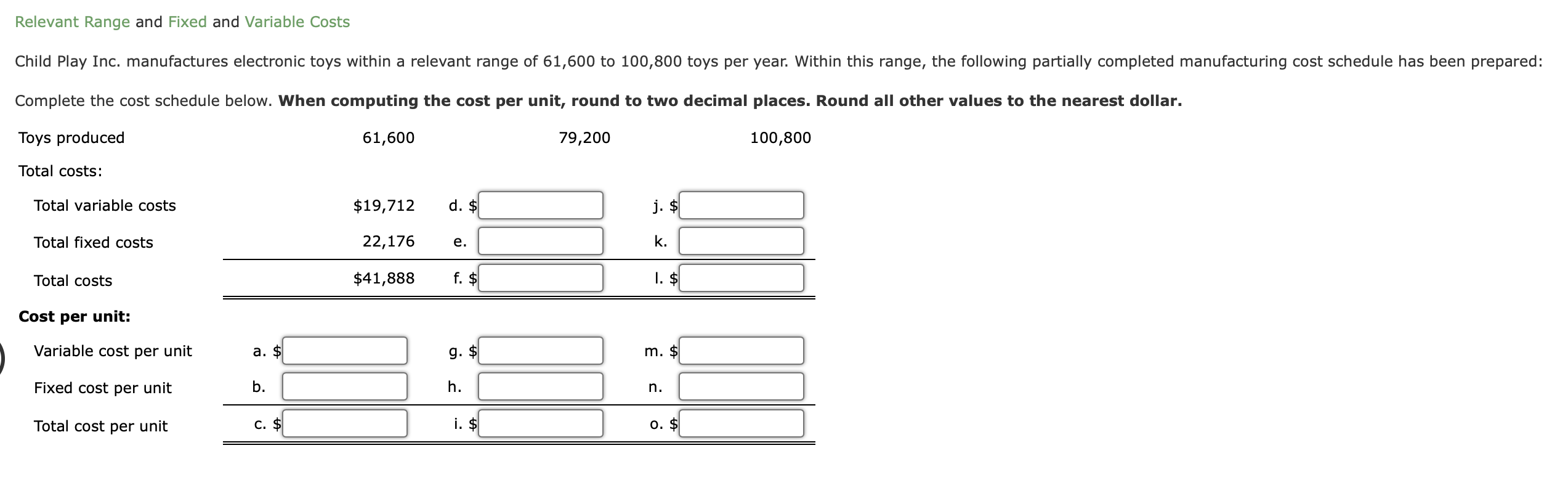 Part 1) Part 2) Relevant Range and Fixed and Variable Costs Child
