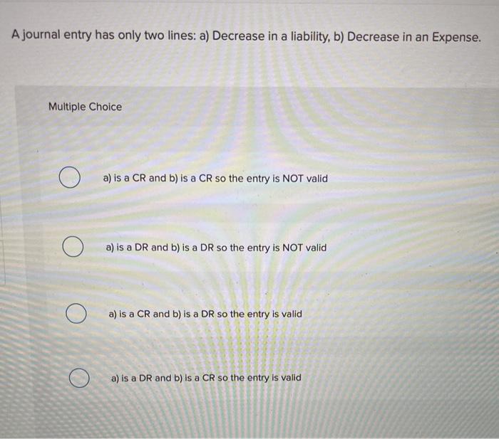  A journal entry has only two lines: a) Decrease in a