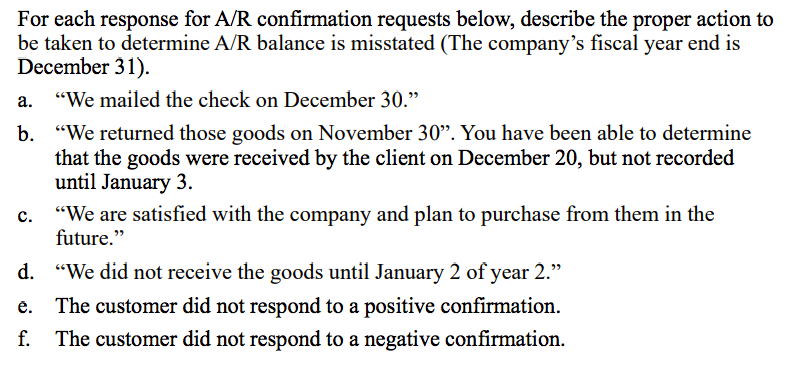  a. For each response for A/R confirmation requests below, describe the