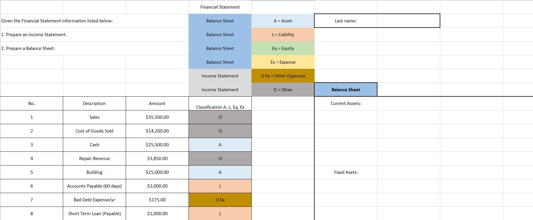 Financial Statement Given the Financial Statement information listed below: Balance Sheet