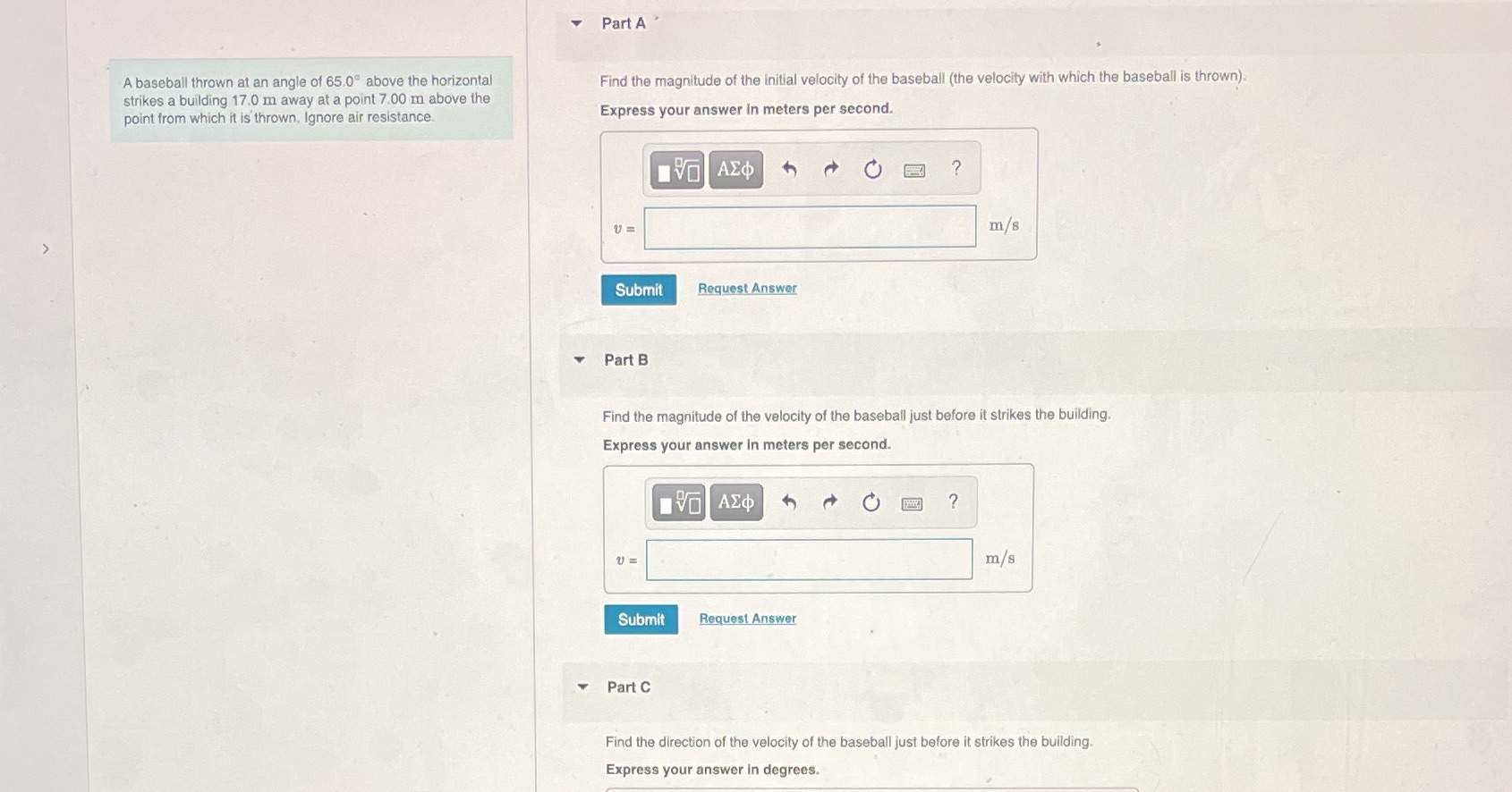 PART A B C Part A A baseball thrown at an angle