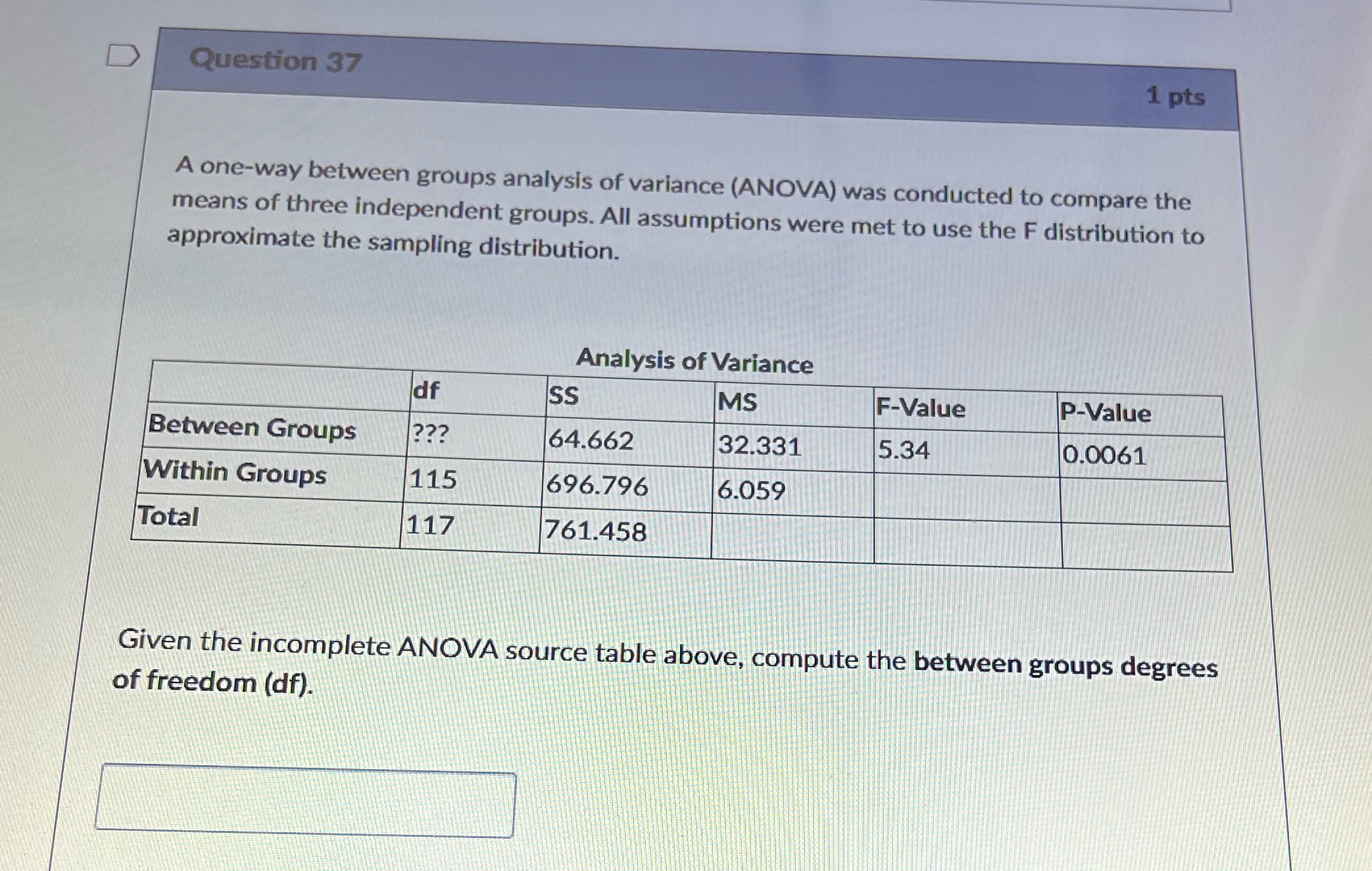  D Question 37 1 pts A one-way between groups analysis of