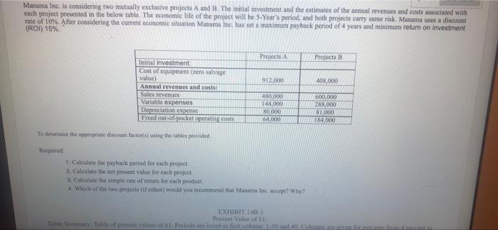  Munams Inc. is considering two mutually exclusive projects A and B