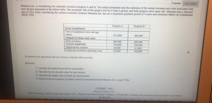  5 points Manama Inc. is considering two mutually exclusive projects A