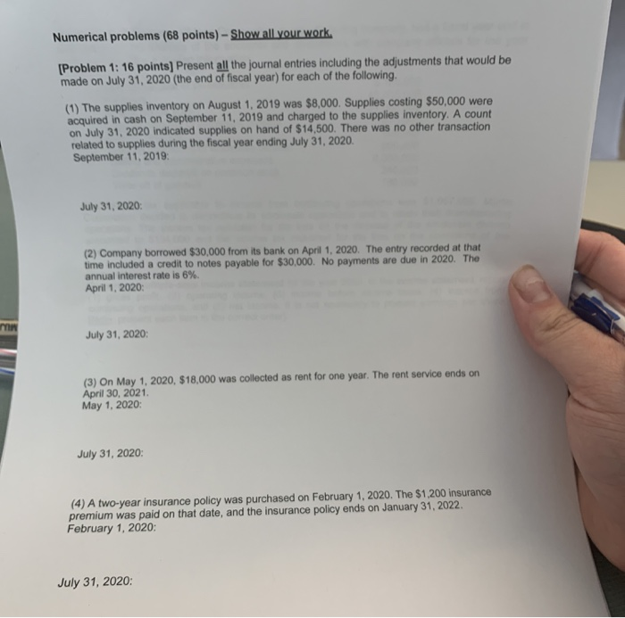 helpppp asap Numerical problems (68 points) - Show all your work. [Problem