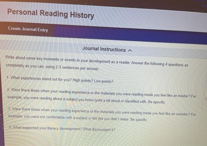  Personal Reading History Create Journal Entry Journal Instructions - Write about