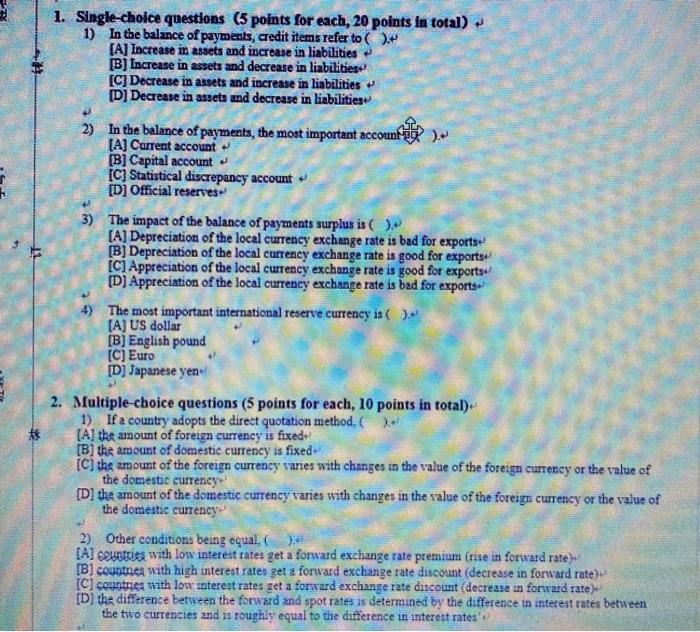  1. Single-choice questions (5 points for each, 20 points in total)