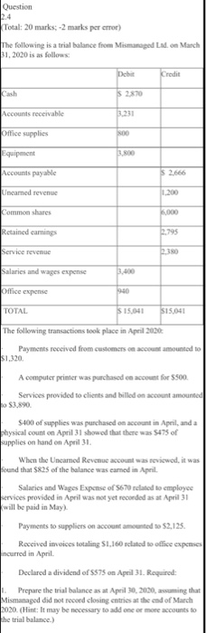  Question 2.4 Total: 20 marks: -2 marks per crror) The following