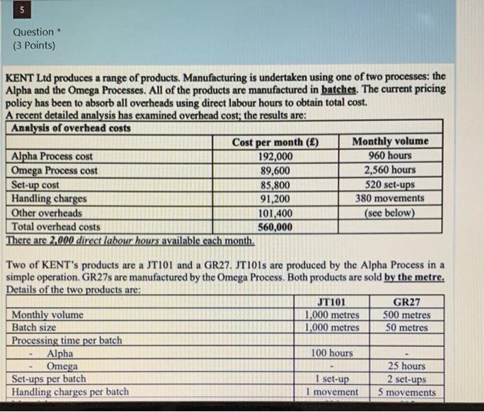  5 * Question (3 Points) KENT Ltd produces a range of