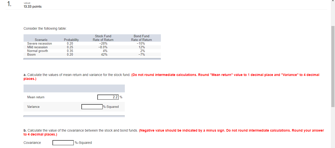  1. value: 13.33 points Consider the following table: Scenario Severe recession