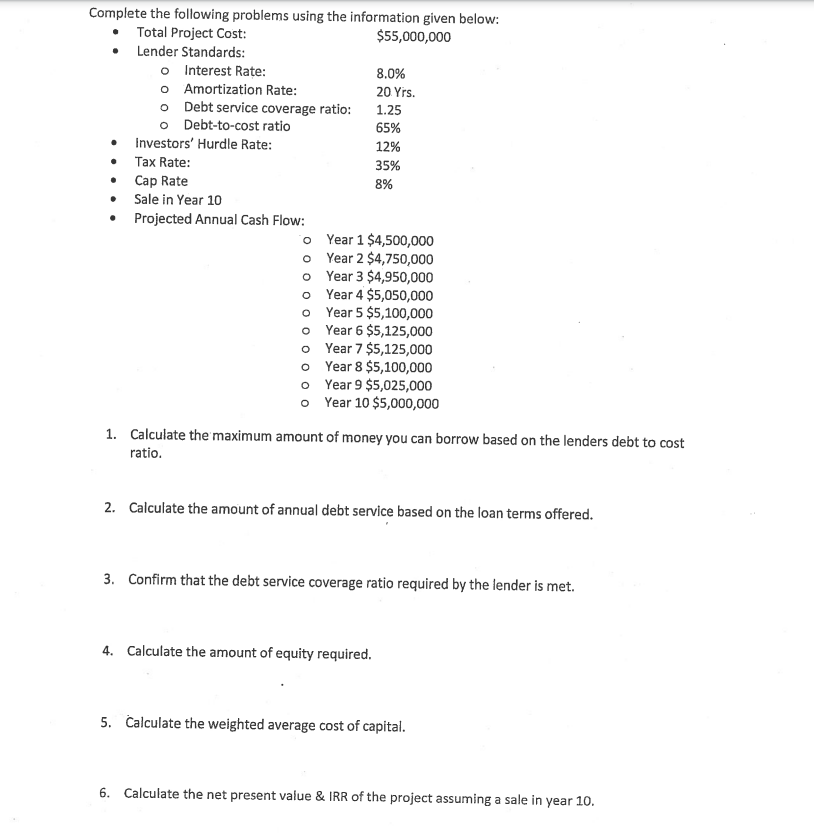  Complete the following problems using the information given below: Total Project