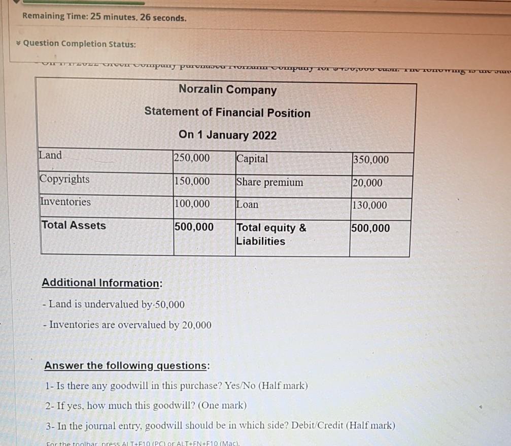 Remaining Time: 25 minutes, 26 seconds. Question Completion Status: v, vov