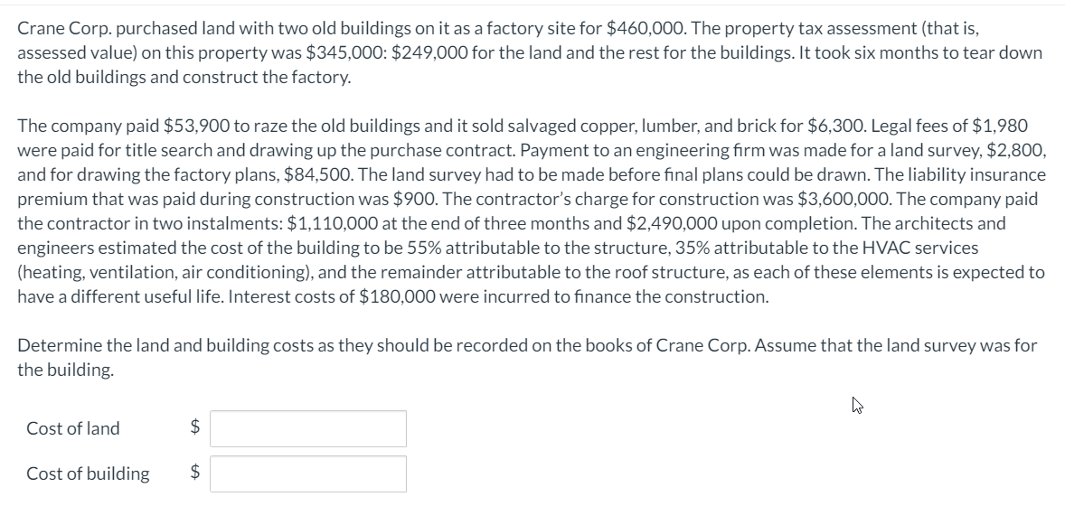 Crane Corp. purchased land with two old buildings on it as