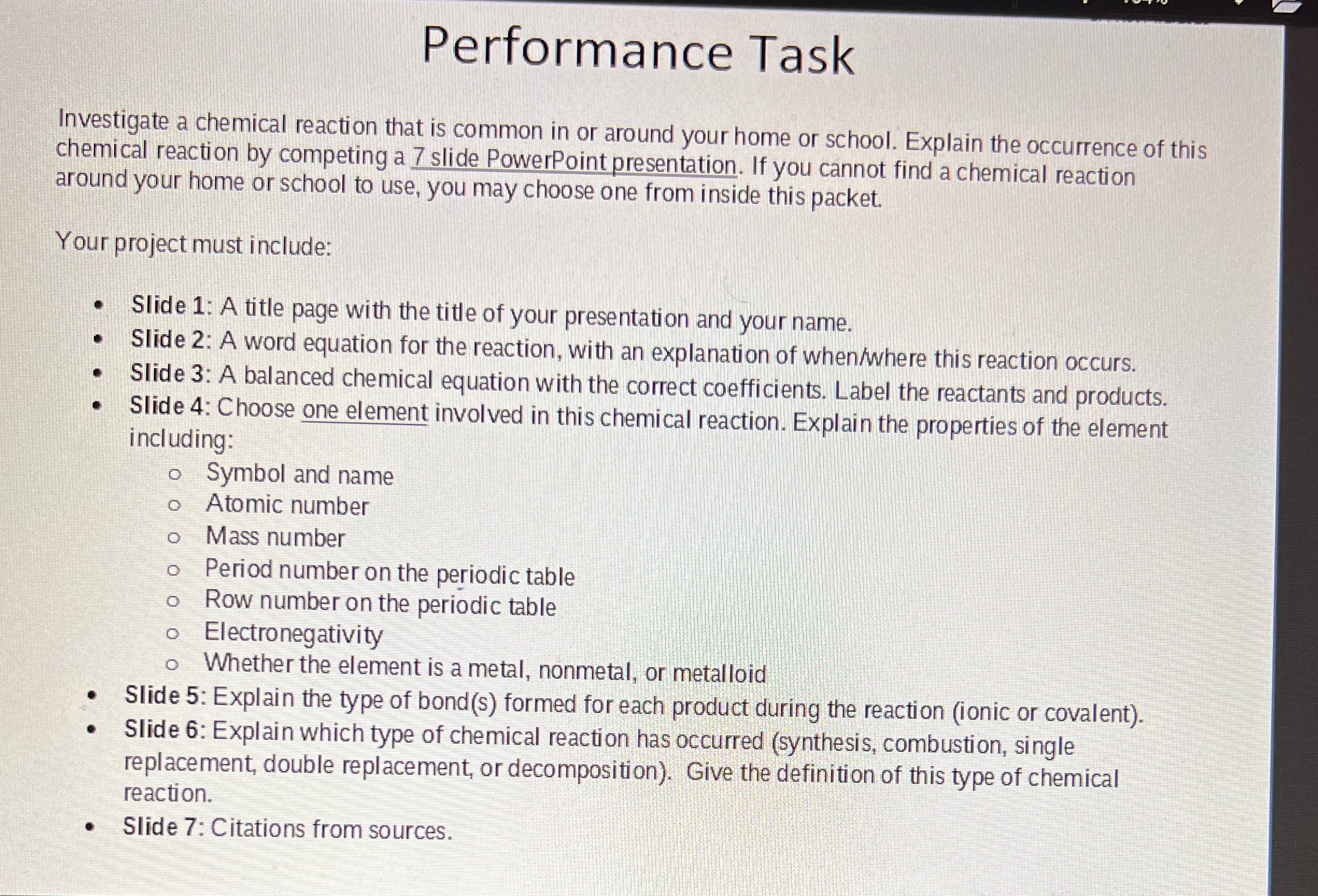 Need help this performance task thanks Performance Task Investigate a chemical reaction