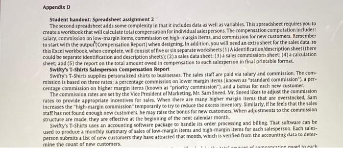  Appendix D Student handout: Spreadsheet assignment 2 The second spreadsheet adds