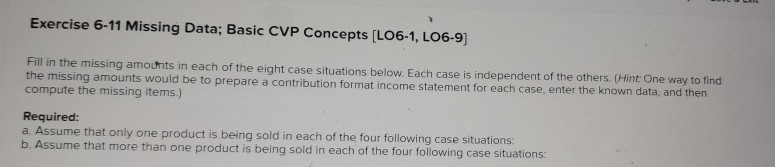  Exercise 6-11 Missing Data; Basic CVP Concepts [LO6-1, LO6-9) Fill in