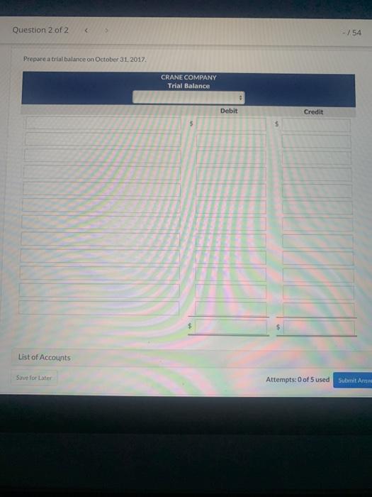 of Crane Company on September 30. CRANE COMPANY Trial Balance September 30,