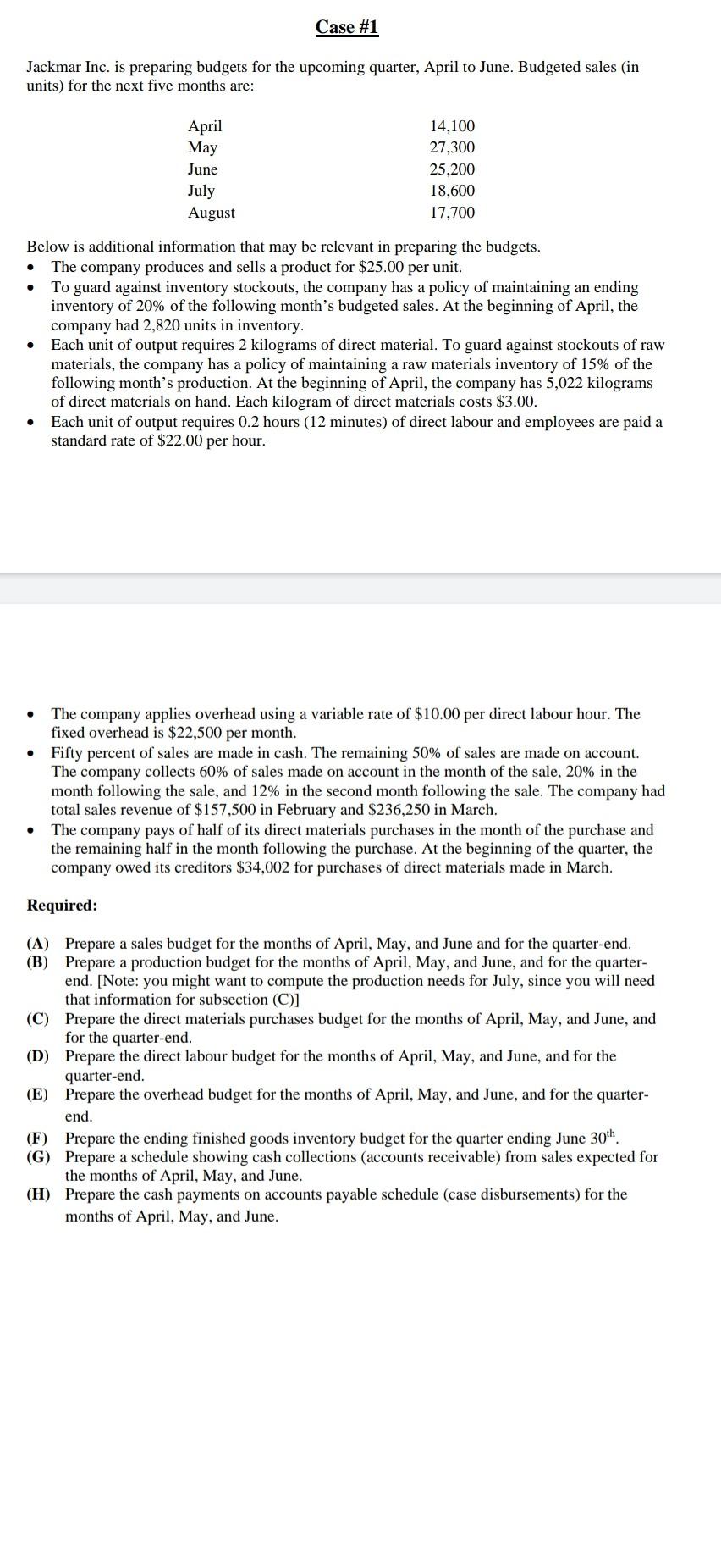  Case #1 Jackmar Inc. is preparing budgets for the upcoming quarter,