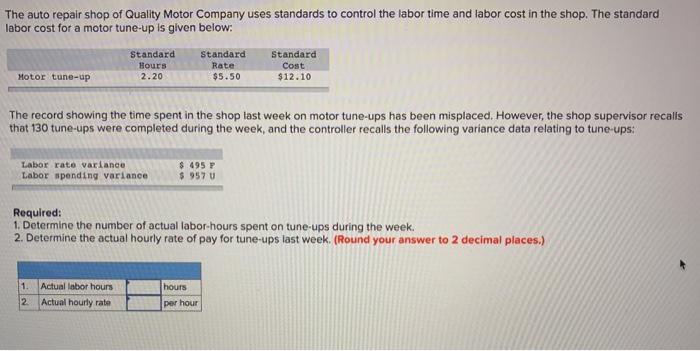 The auto repair shop of Quality Motor Company uses standards to
