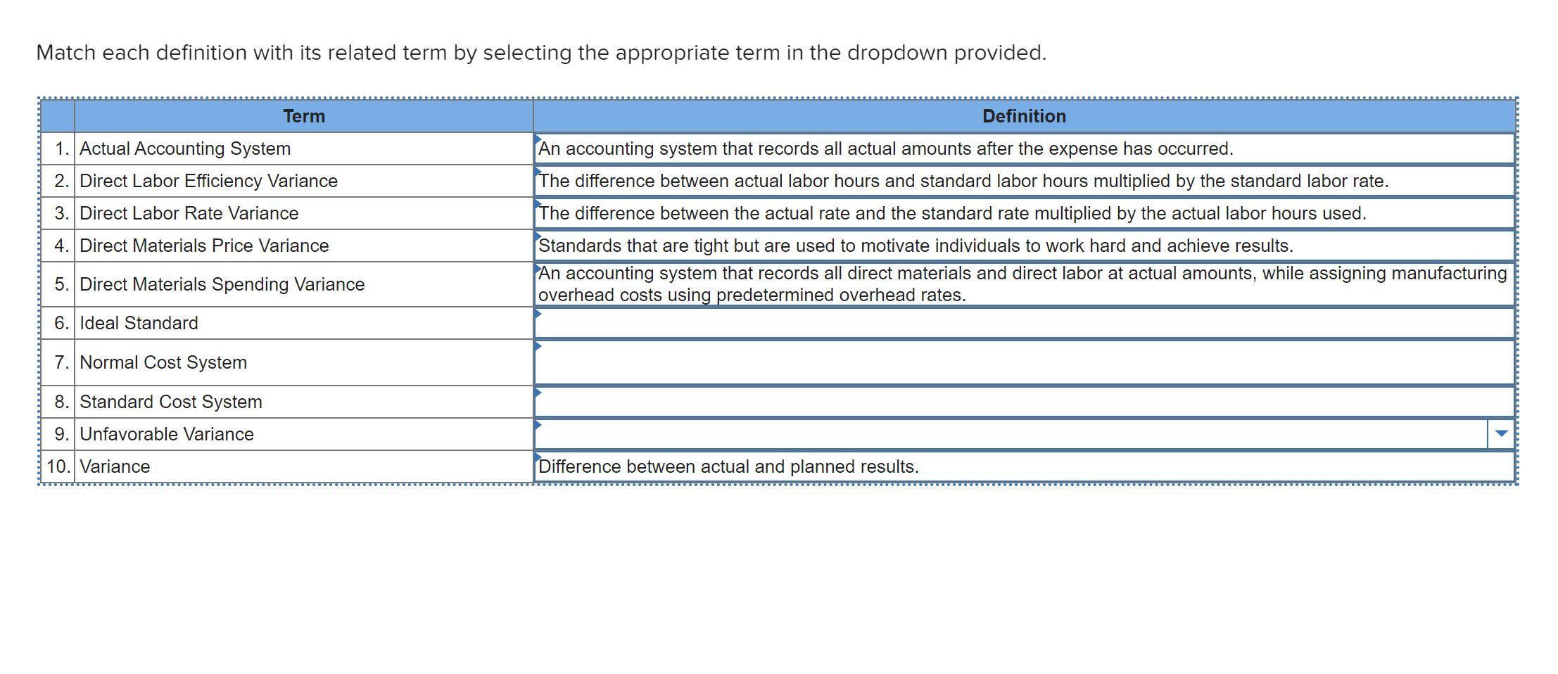 Match each definition with its related term by selecting the appropriate
